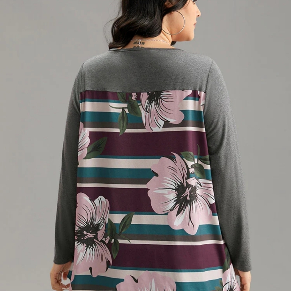 BloomChic Floral Women’s Long Sleeve Top Gray Purple Stripe - Size 4X - Picture 3 of 6